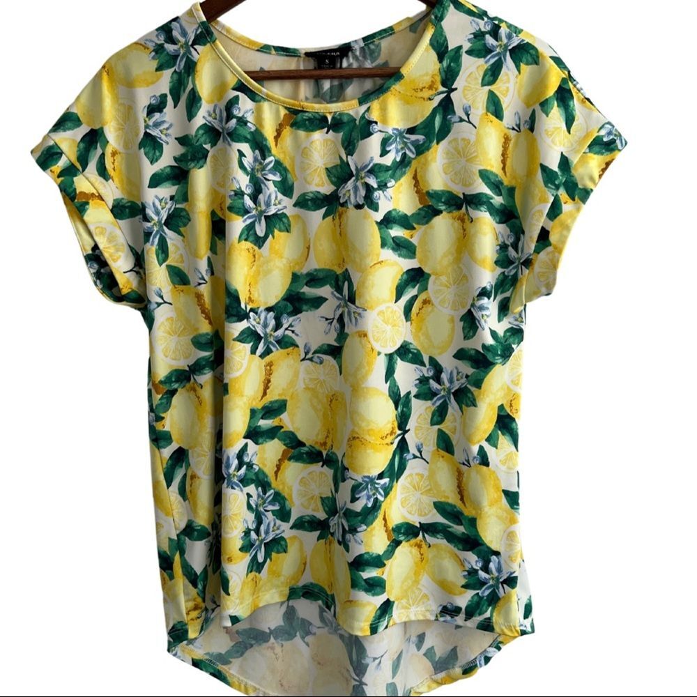 Tacera Lemon Print Blouse Citrus Fruit Top Flowy Short Sleeve Summer Small